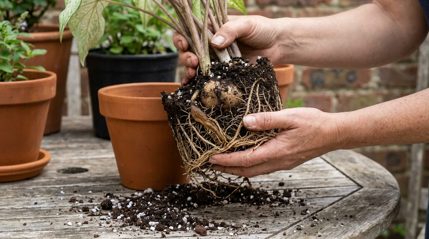 caladium tuber and tangled roots exposed during repotting with damp soil on a weathered garden table