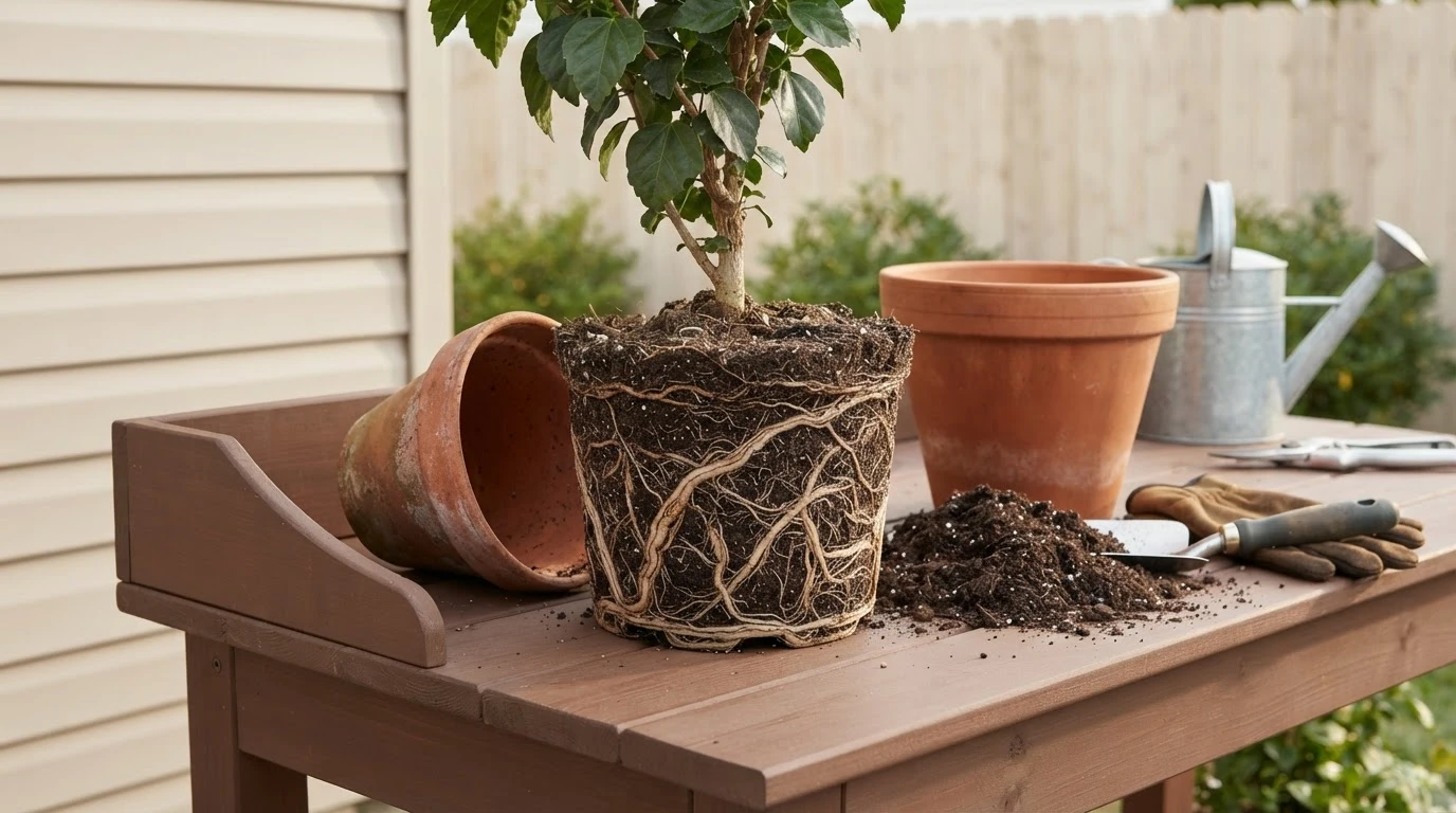 hibiscus root ball with tightly circling roots beside terracotta pots and fresh soil on a bench