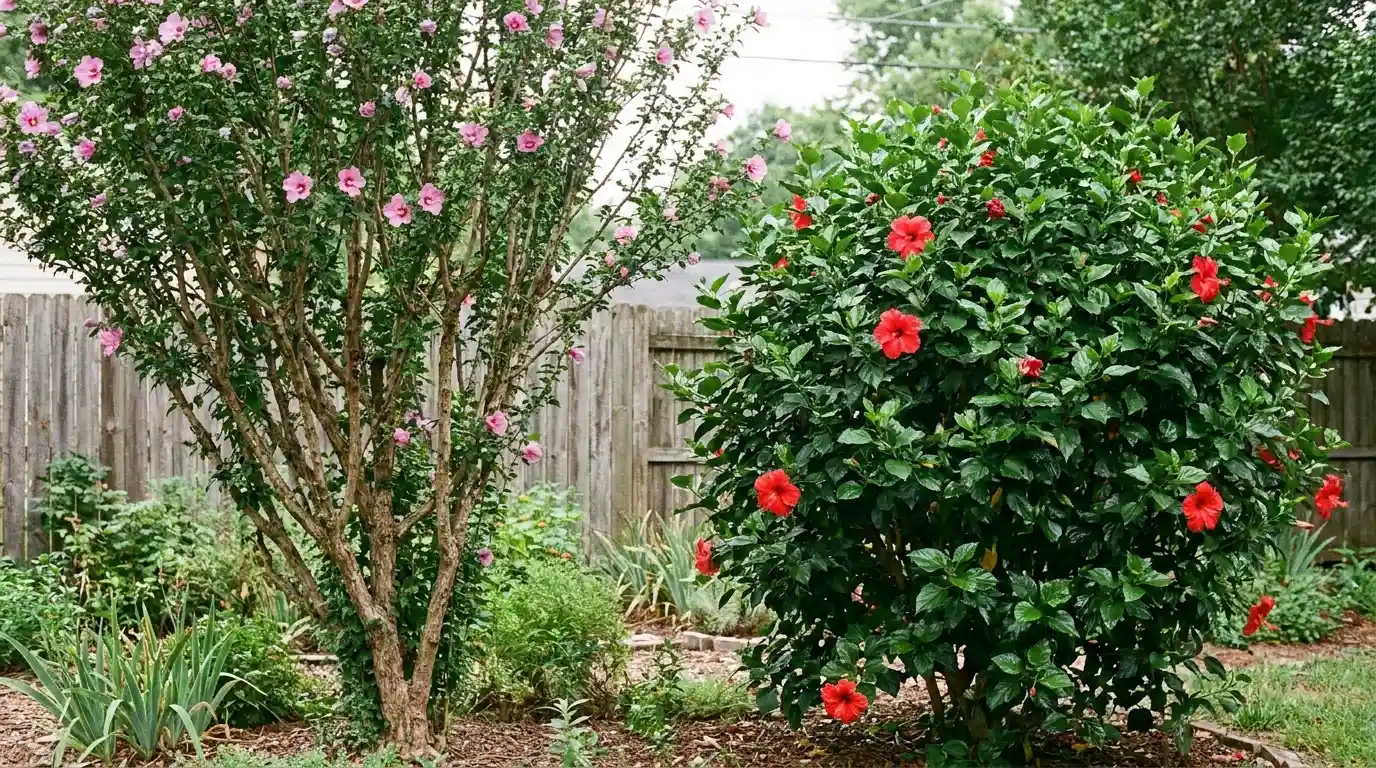 rose of sharon and tropical hibiscus showing upright and rounded growth habits in a garden setting