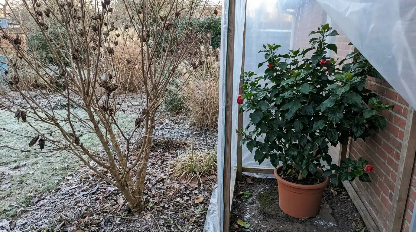 rose of sharon bare in winter beside a leafy tropical hibiscus kept protected from colder conditions