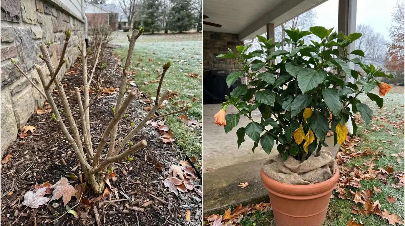 rose of sharon and tropical hibiscus showing different responses to cold weather in an outdoor garden