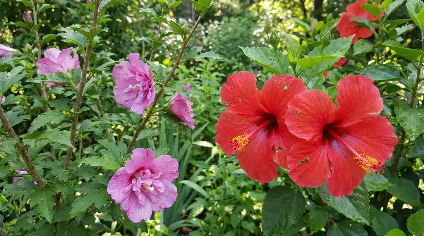 rose of sharon and tropical hibiscus flowers showing differences in bloom size form and central columns