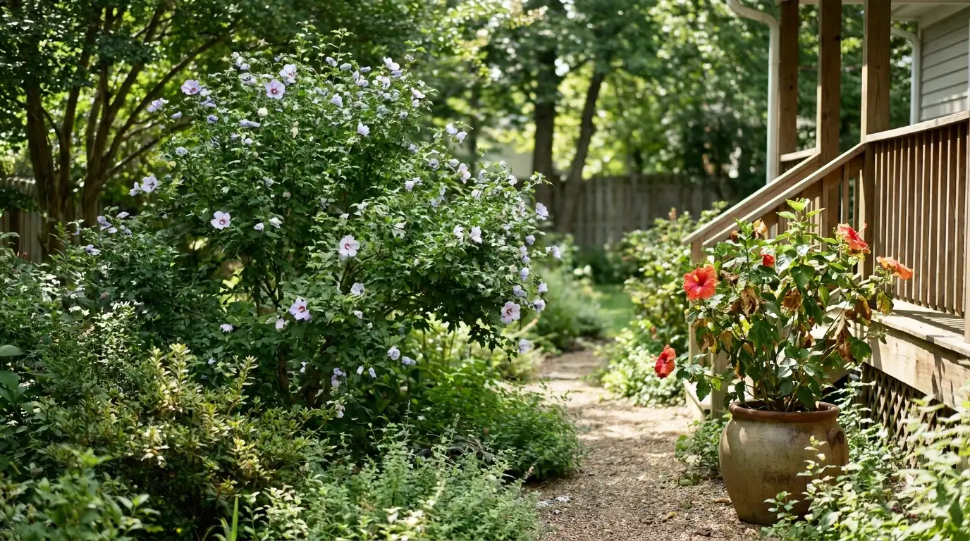 rose of sharon and tropical hibiscus growing in a backyard garden with contrasting shapes and blooms