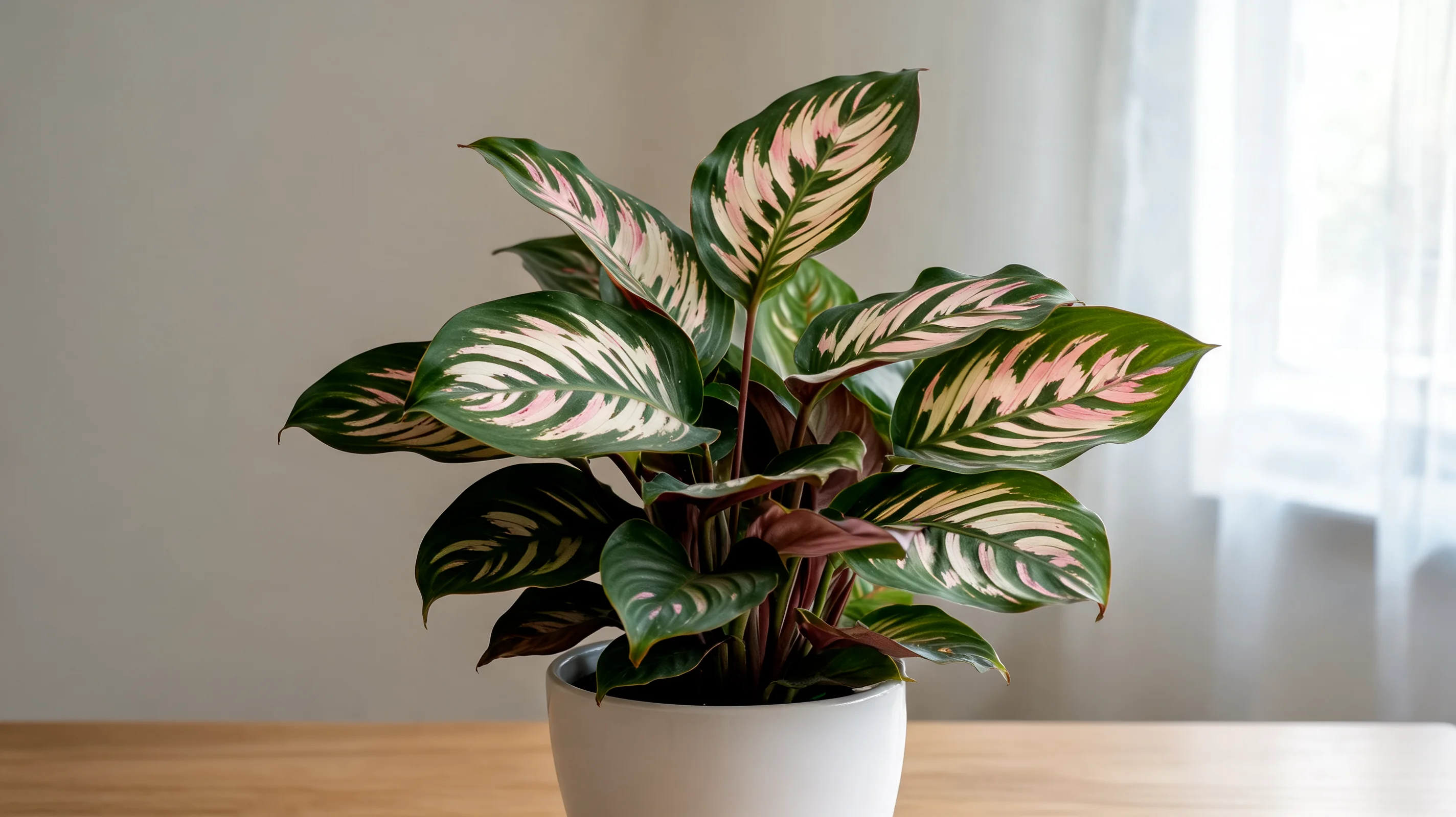 rose painted calathea with glossy green leaves, soft pink markings, and reddish purple undersides