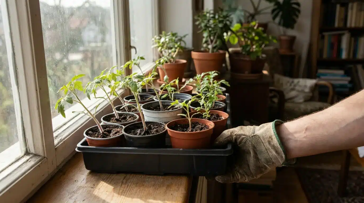 person turning a tray of leggy seedlings near a bright window to balance natural light exposure