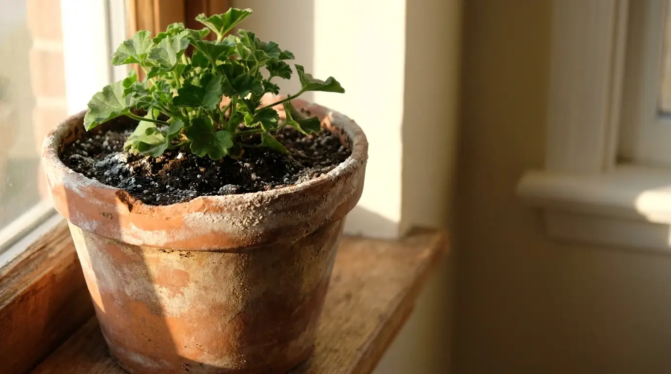 Small plant in rustic terracotta pot on sunlit windowsill indoors