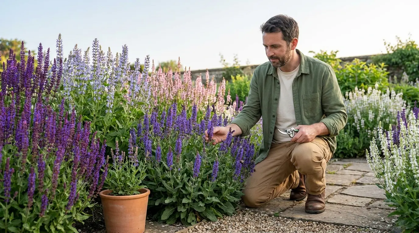 gardener kneeling among purple pink blue and white salvia nemorosa cultivars in a sunny garden