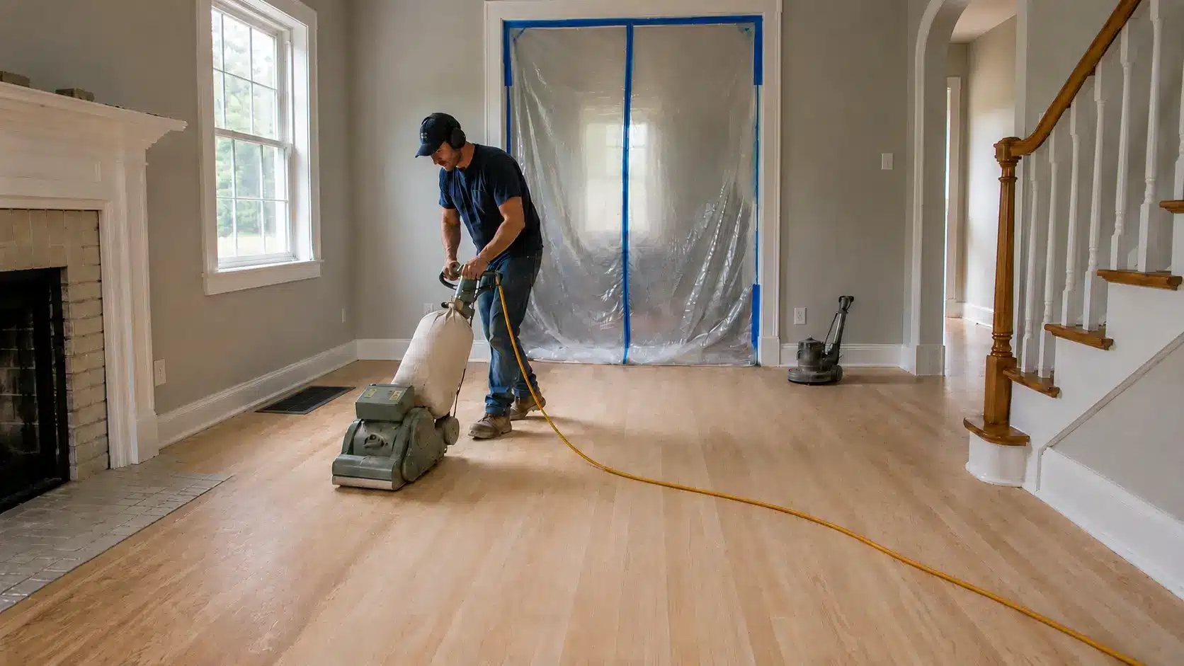 worker sanding a worn hardwood floor with a drum sander while keeping the room sealed from dust