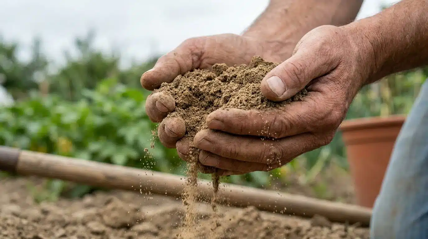 gardener holding loose, gritty sandy soil as fine particles fall between both hands outdoors
