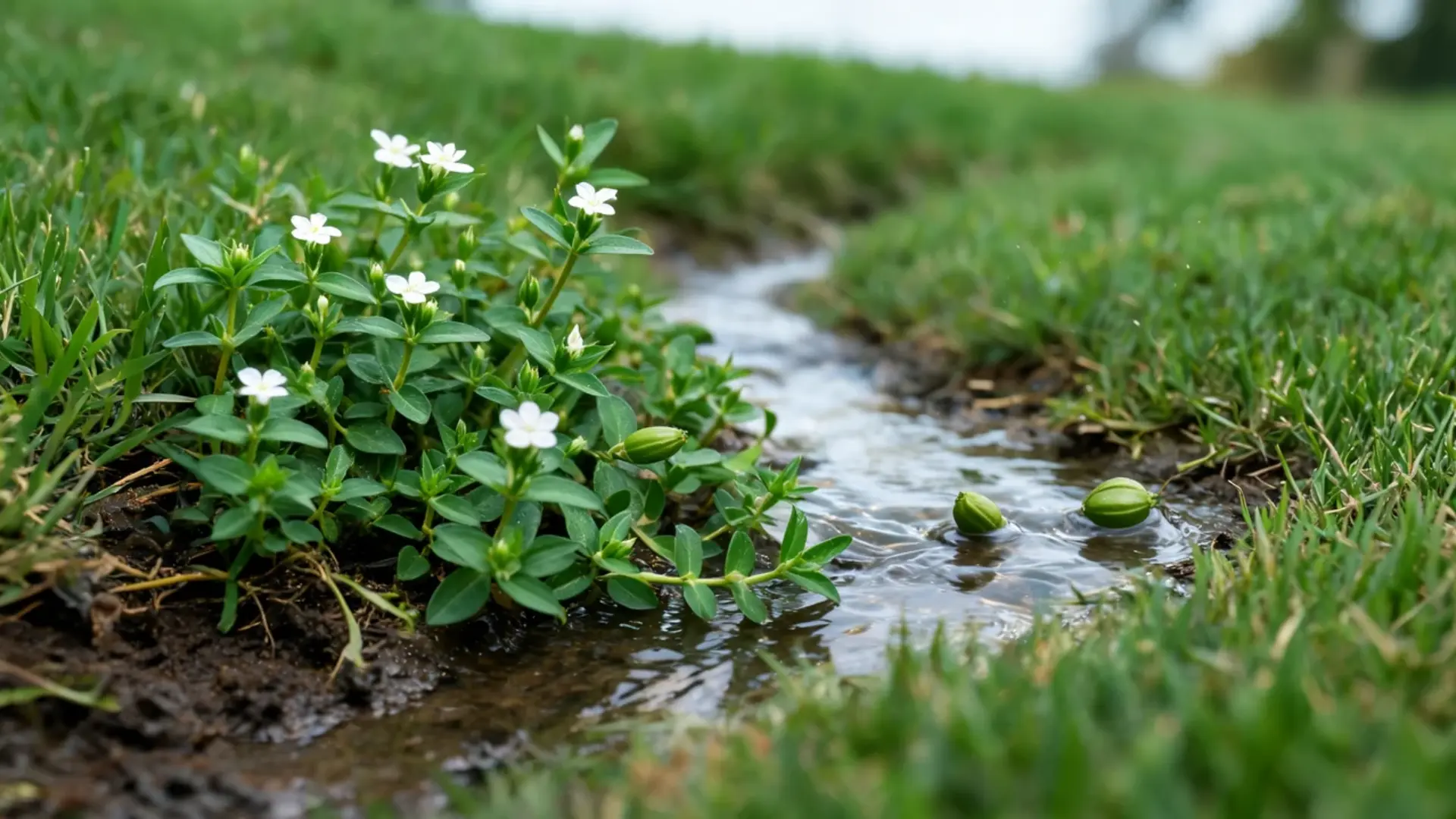 fruits and seeds from this weed moving through shallow surface water across a damp residential lawn.