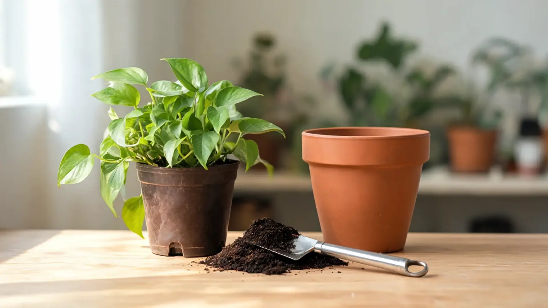 pothos beside a larger terracotta pot with fresh soil and a metal trowel on a wooden table