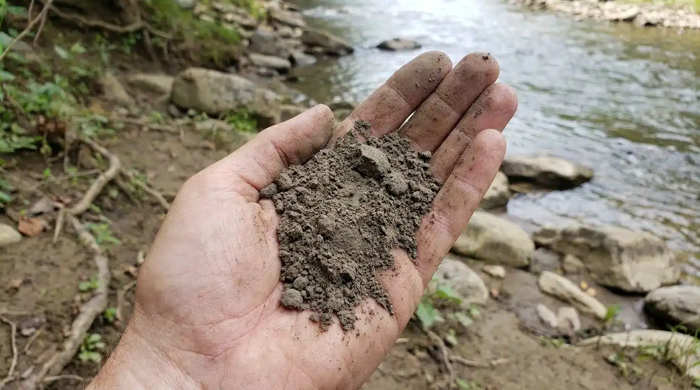 hand holding fine, smooth silt soil beside a shallow stream with rocks and riverbank plants