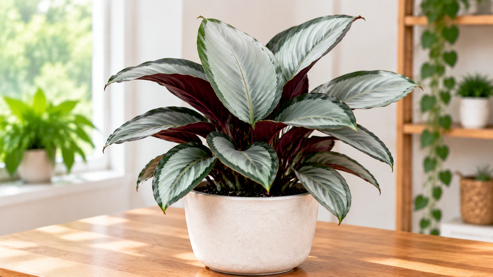 silver plate calathea with broad silver-grey leaves and purple undersides shown in a potted plant