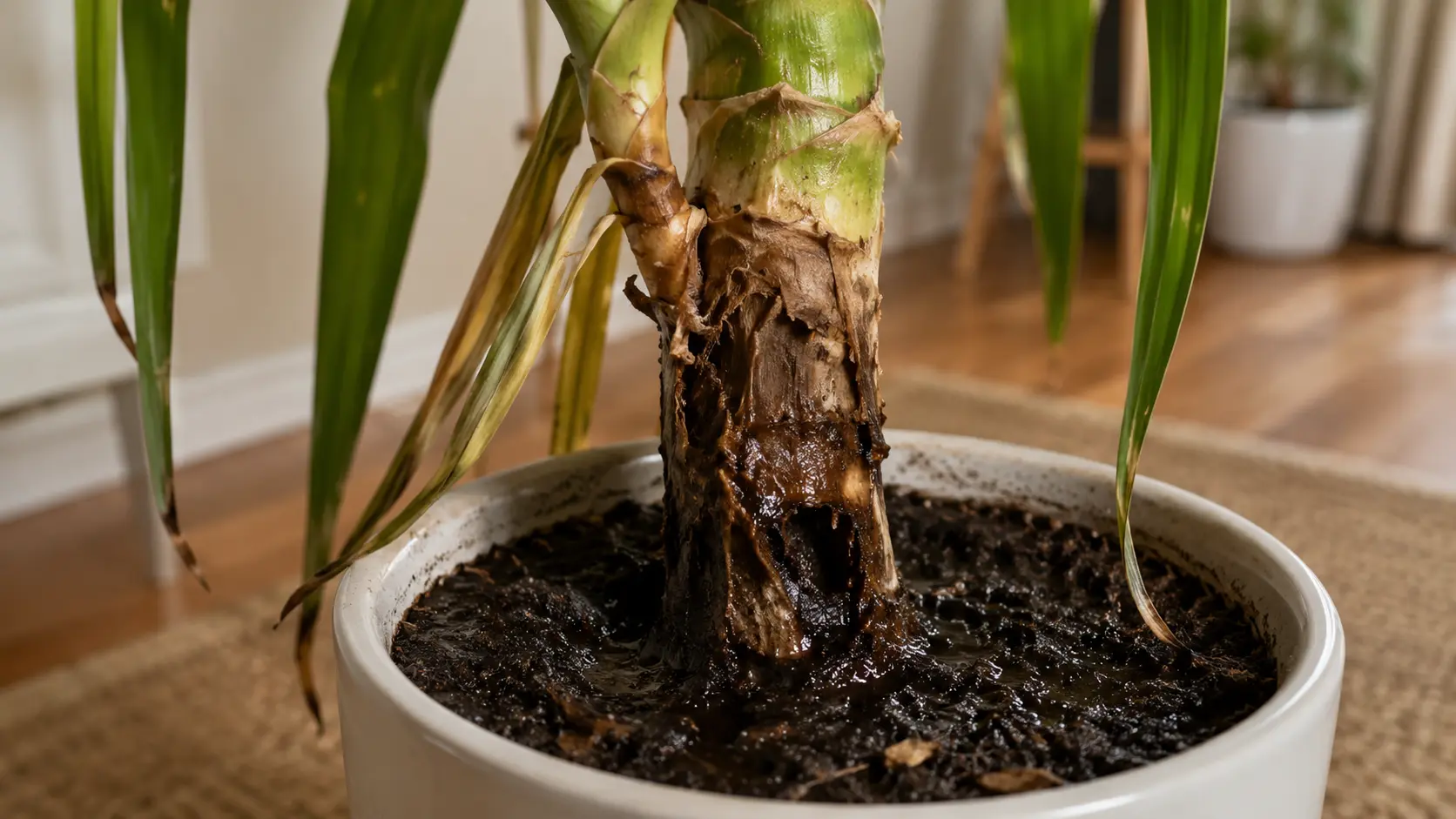 realistic yucca plant stem showing soft mushy rot damage from excess moisture in a garden pot
