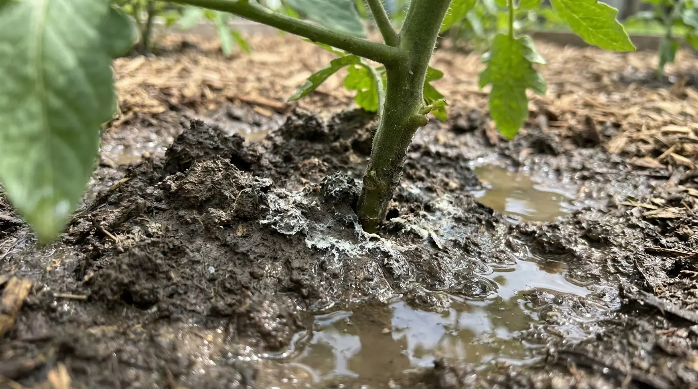 closeup of tomato plant stem standing in dark muddy waterlogged soil with pooling water underneath