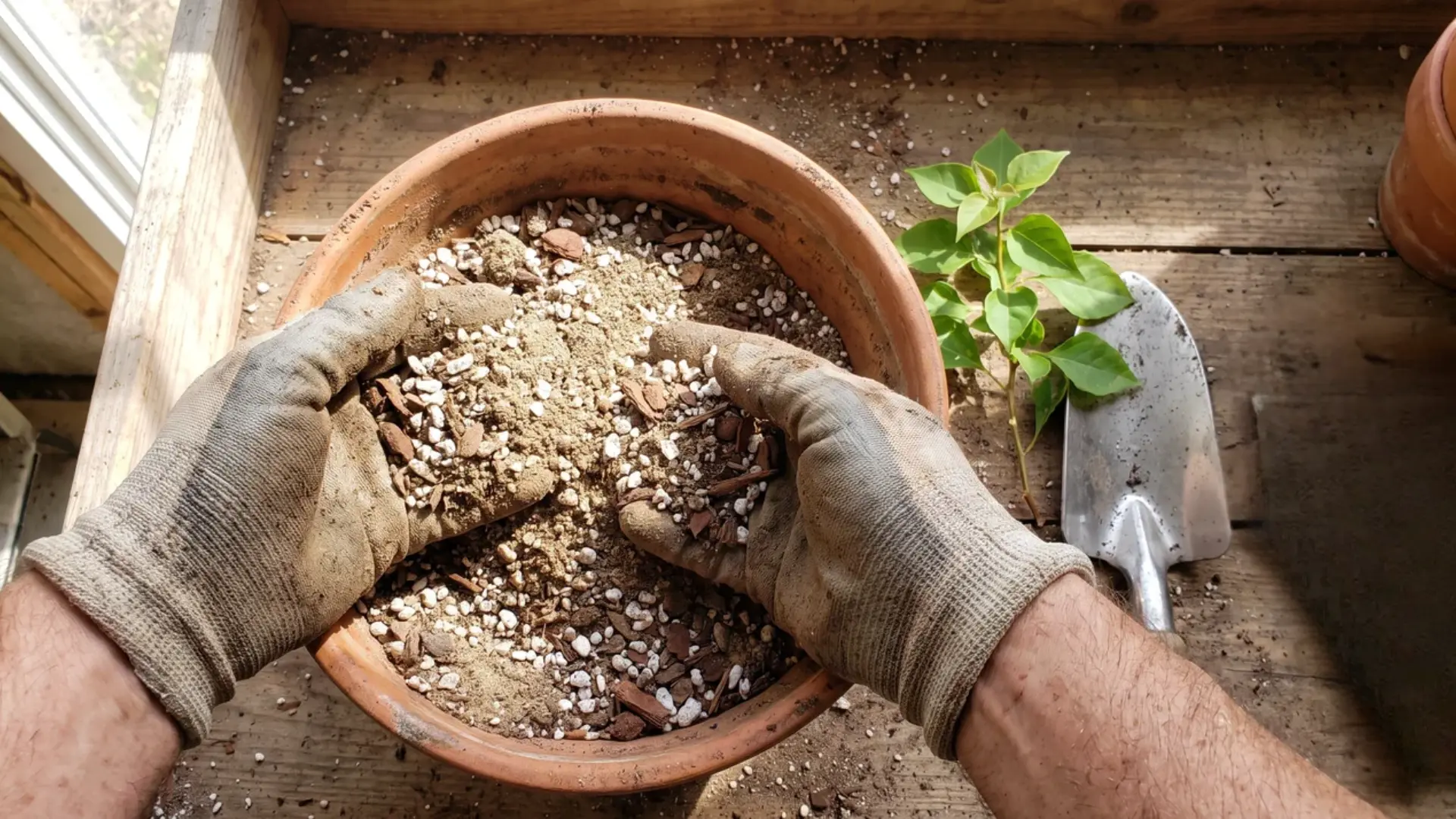 gloved hands mixing sandy well draining soil with perlite and bark chips in a terracotta pot for planting