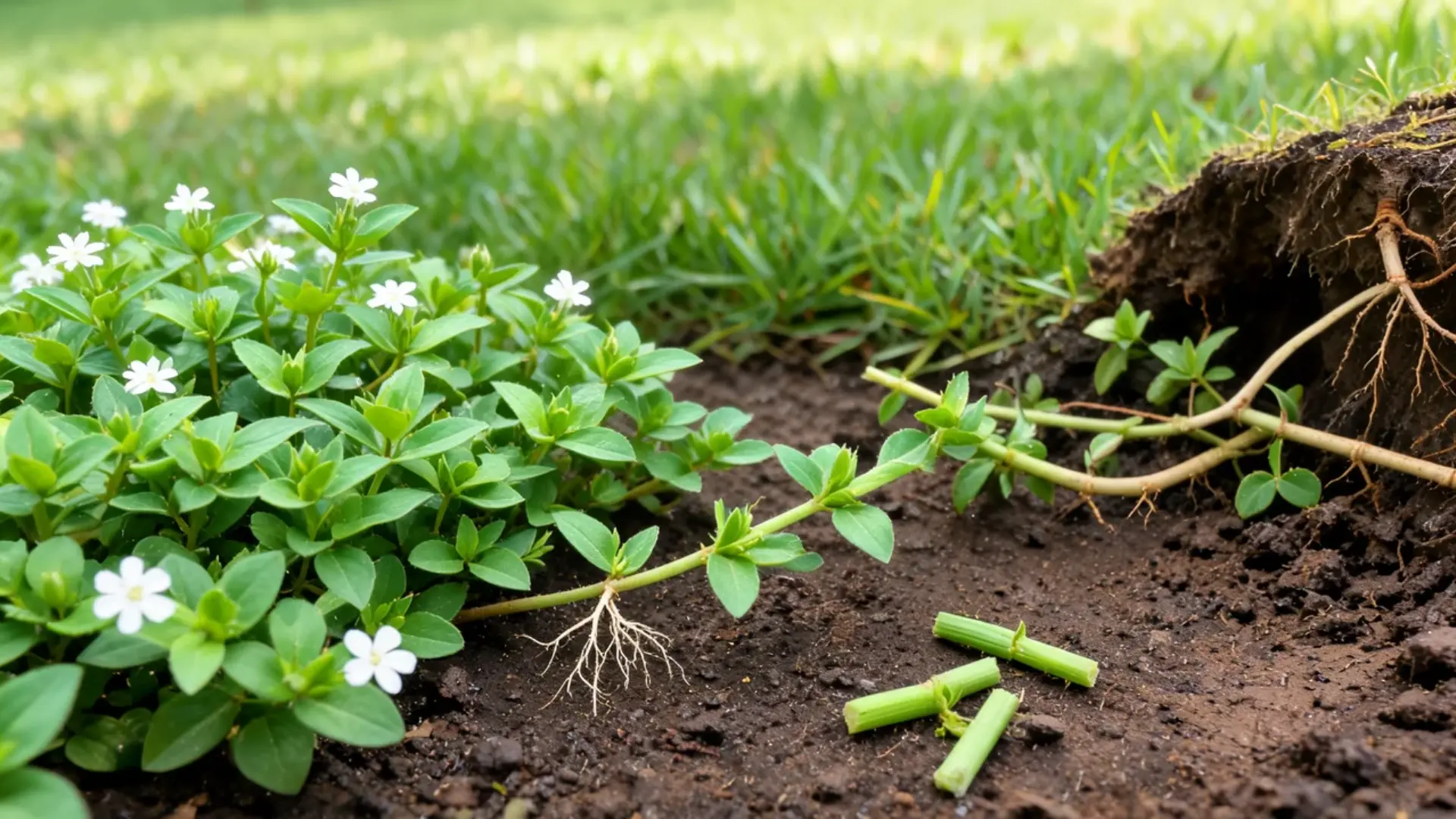 rooted stem fragments and underground rhizomes spreading through moist lawn soil.