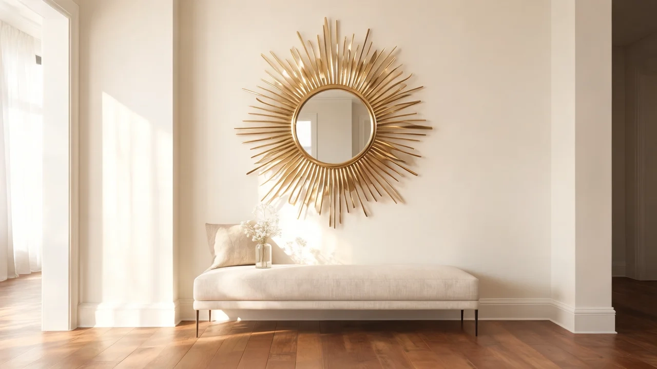 sunburst mirror with linen bench in a soft glam eclectic entryway