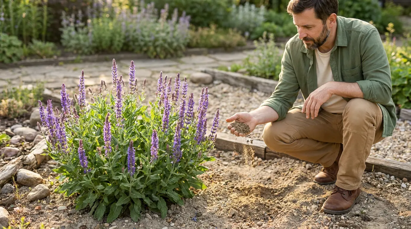 gardener checking loose gravelly soil beside a flowering salvia nemorosa in full morning sun