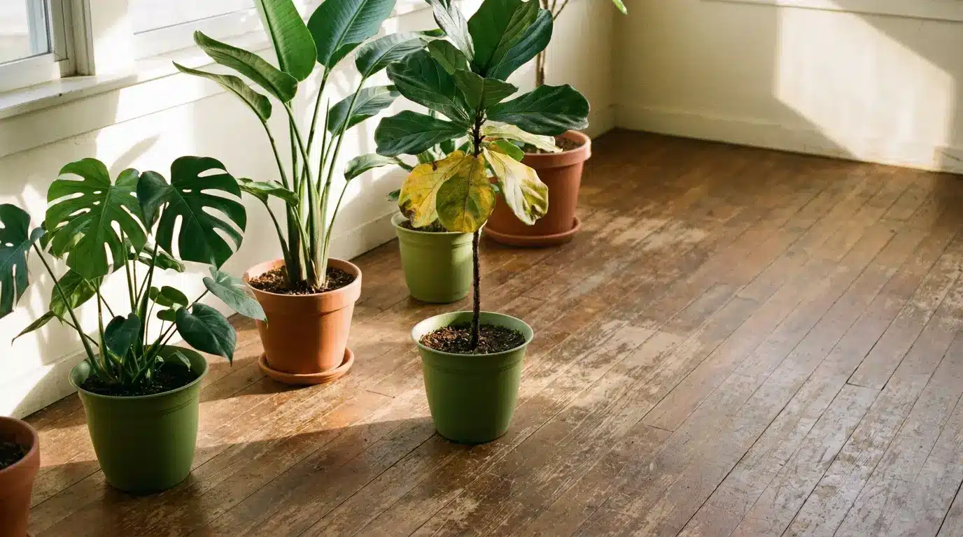 Indoor potted plants on wooden floor with sunlight streaming through windows