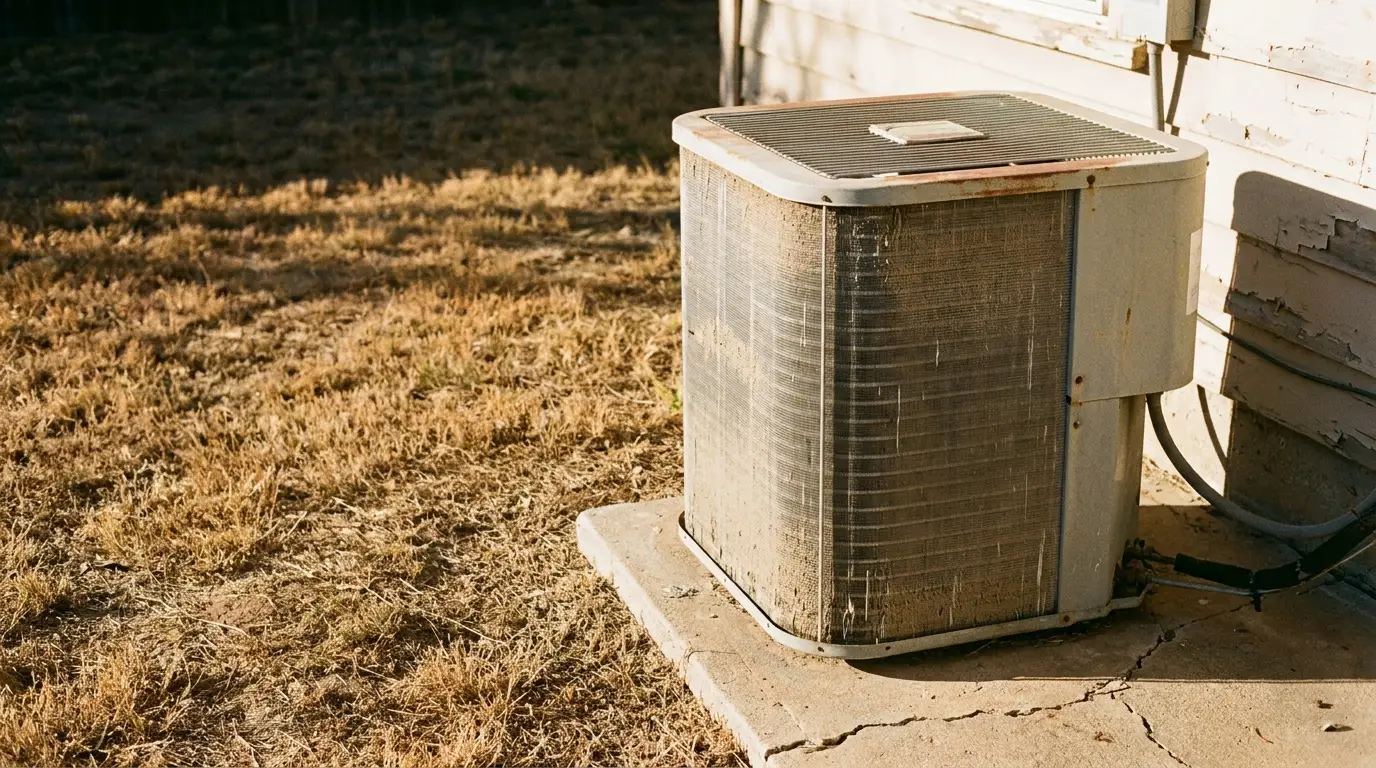 Outdoor air conditioning unit on concrete slab beside weathered wooden house in dry yard