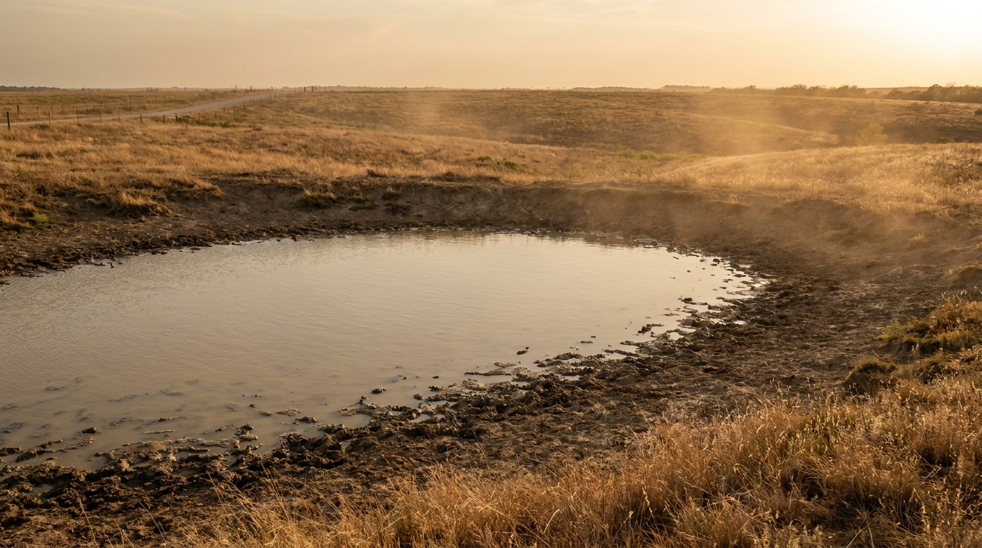 Dry pond in expansive grassland during sunset with warm, golden lighting