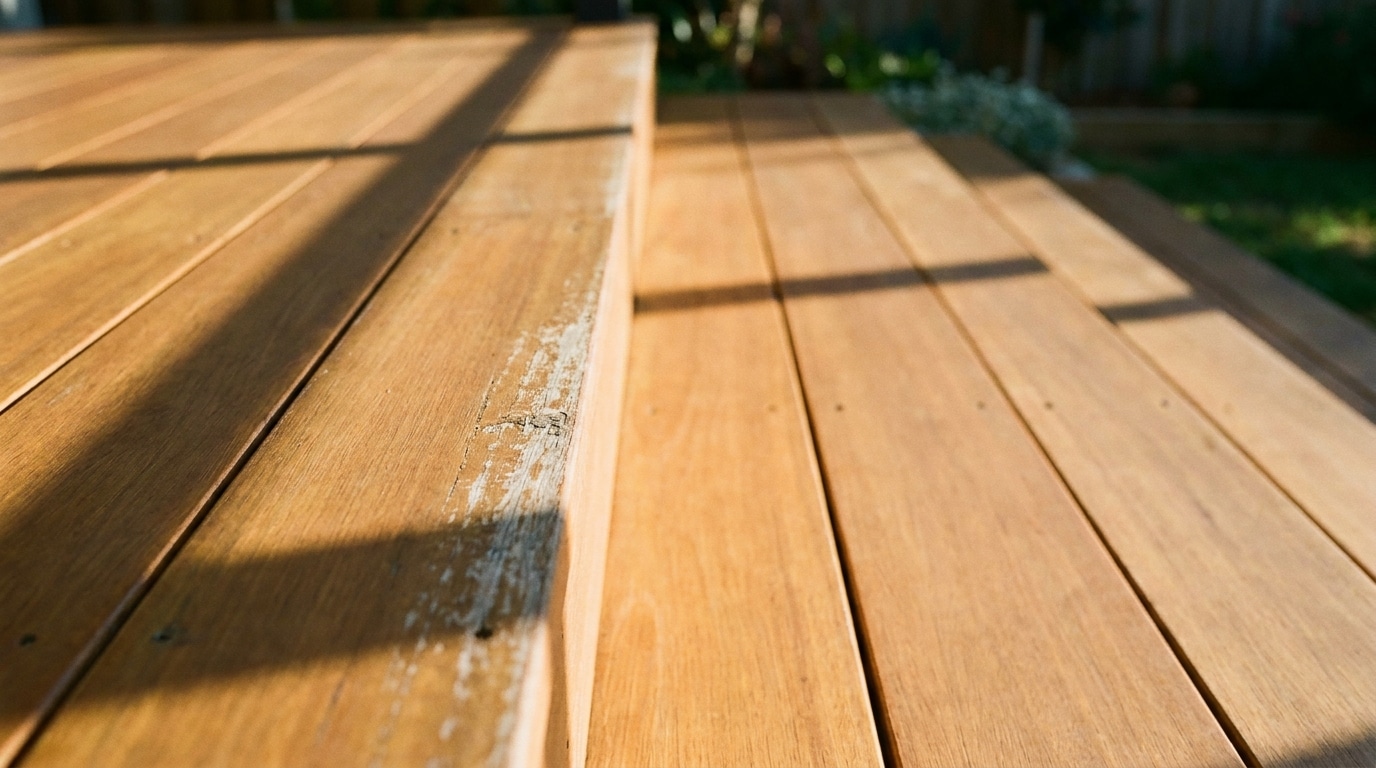Close-up of sunlit wooden deck with visible wear under natural outdoor lighting