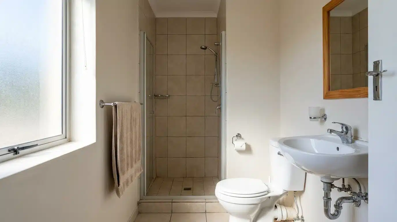 three quarter bathroom with a toilet wall mounted sink tiled shower and frosted window in daylight