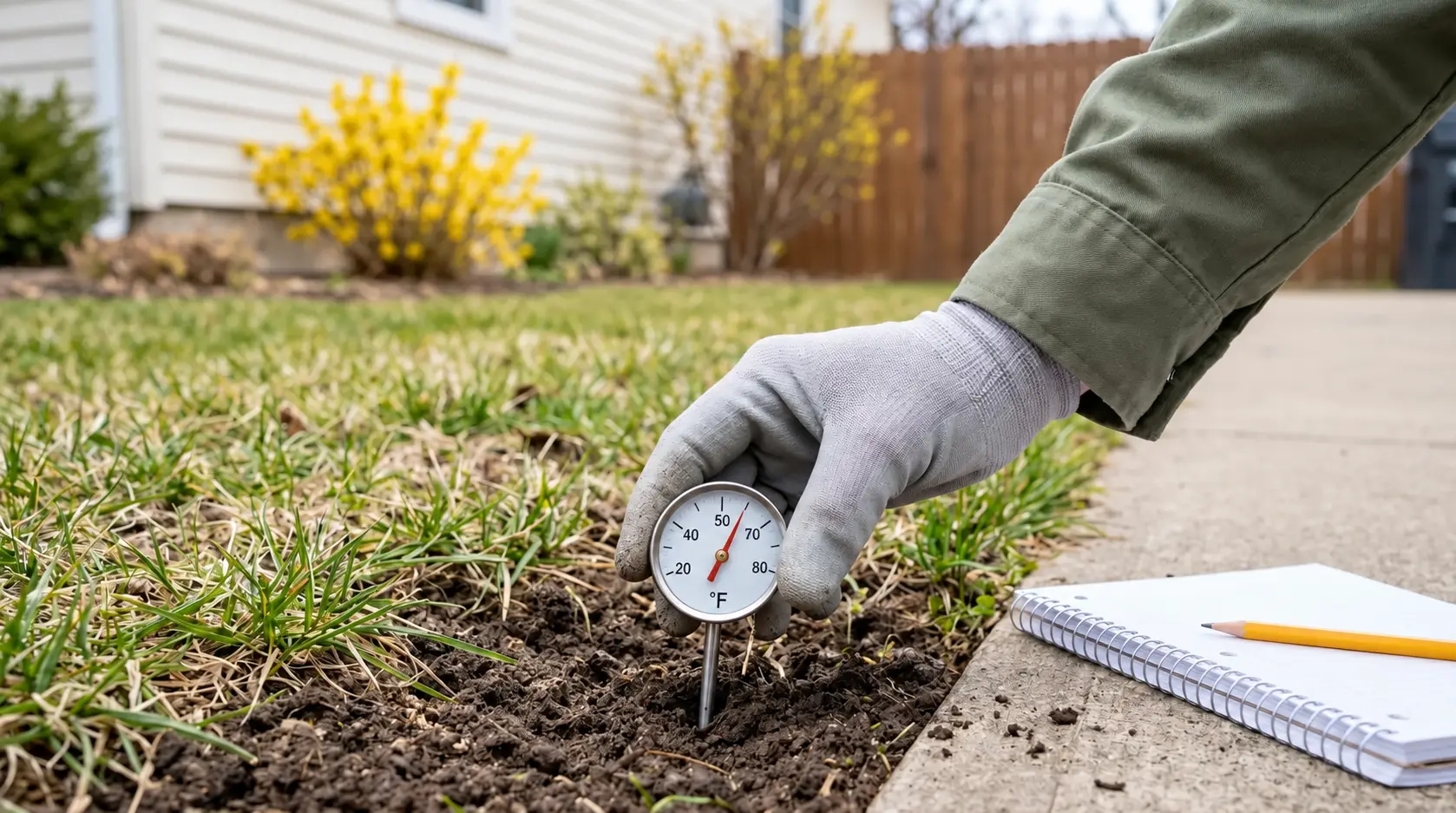 Person wearing gloves checking soil temperature using a thermometer with a notebook on the side