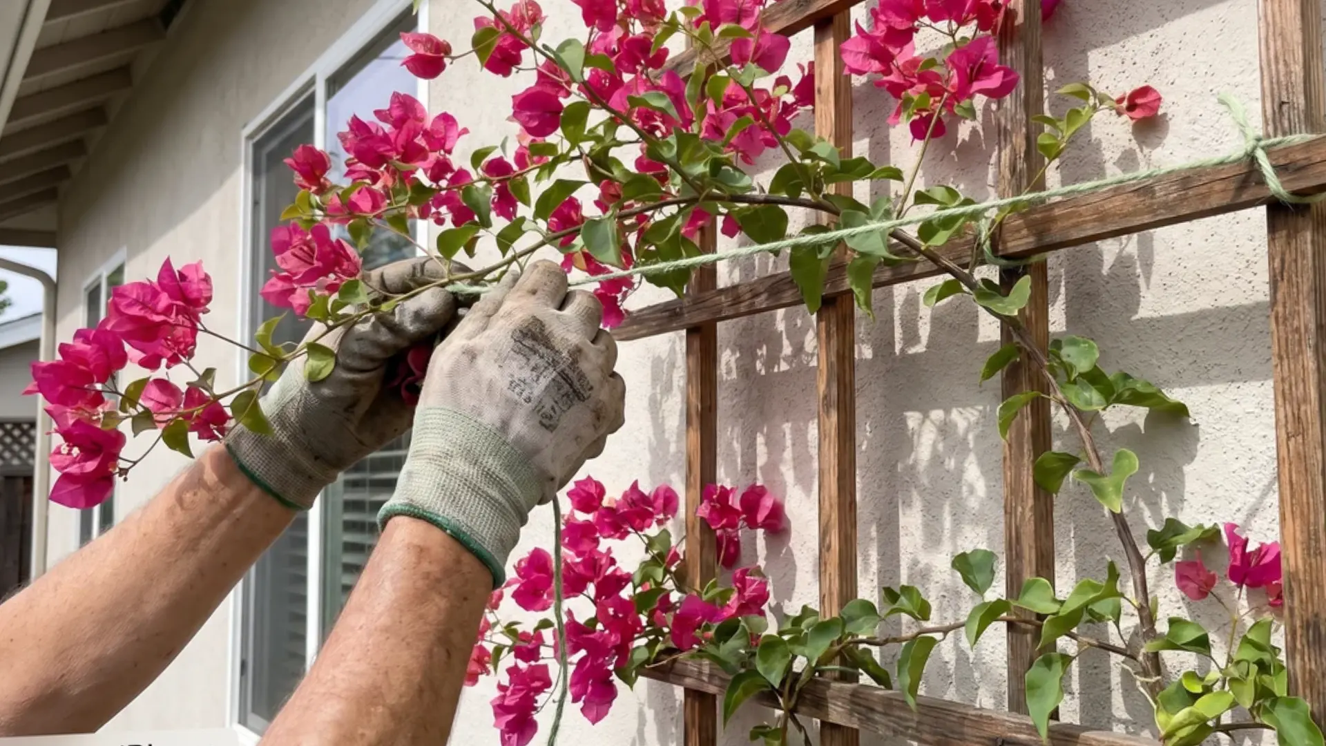 gloved hands carefully tying a vibrant pink flowering bougainvillea stem onto a wooden trellis against a house wall