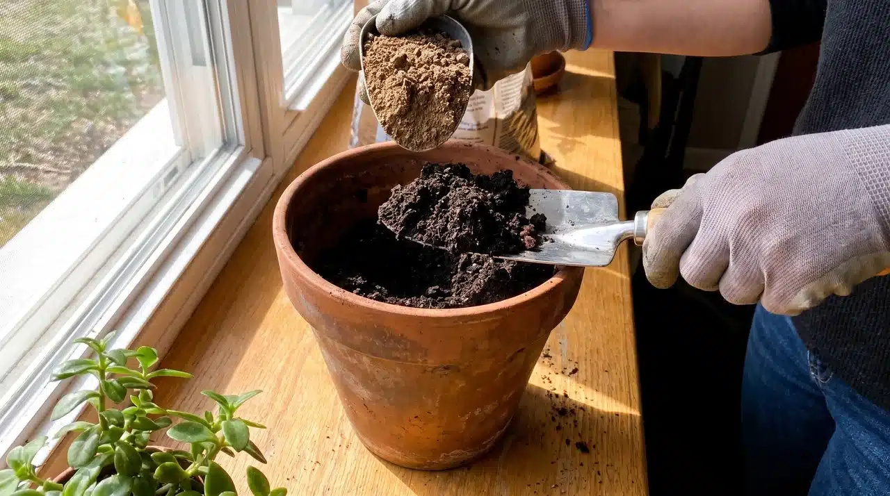 Close up of gloved hands adding a scoop of fresh potting mix onto dark soil in a terracotta plant pot