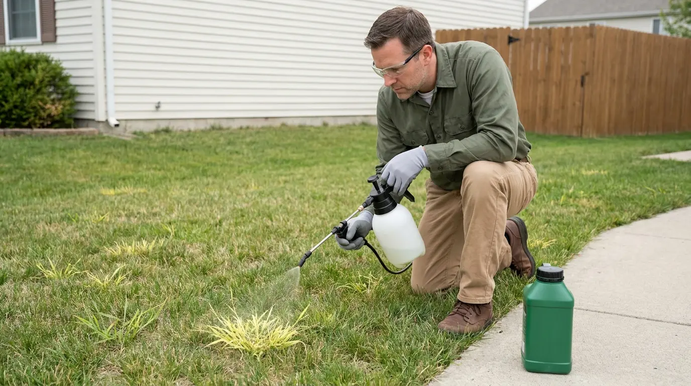 american homeowner spot spraying young crabgrass while wearing gloves and clear safety glasses
