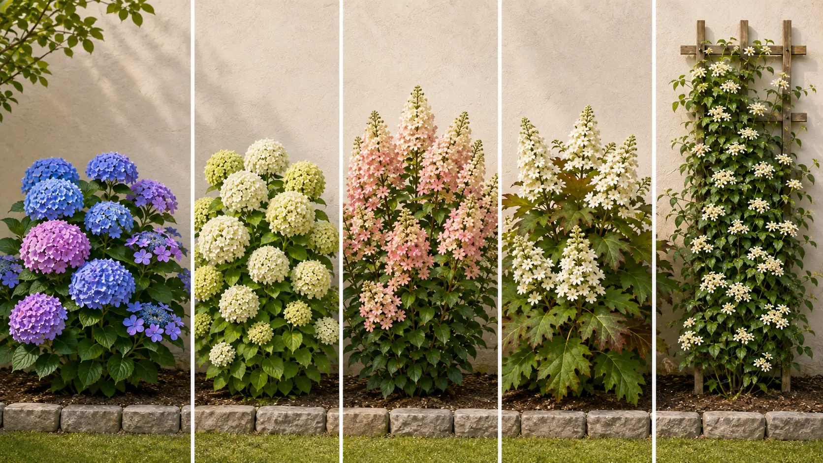 five garden panels showing blue mophead, white round, pink cone-shaped, oakleaf, and climbing hydrangea blooms
