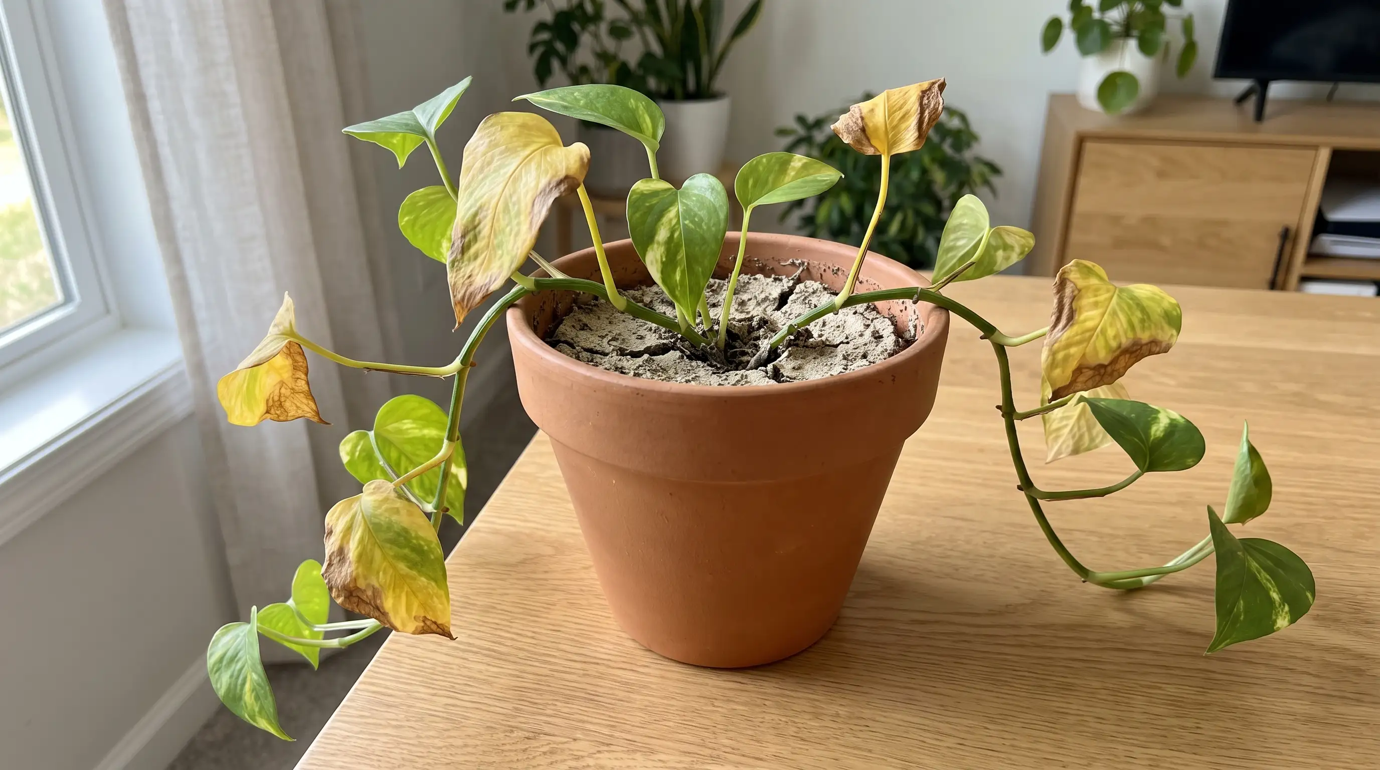 pothos plant with yellow leaves and dry cracked soil in a terracotta pot showing signs of underwatering