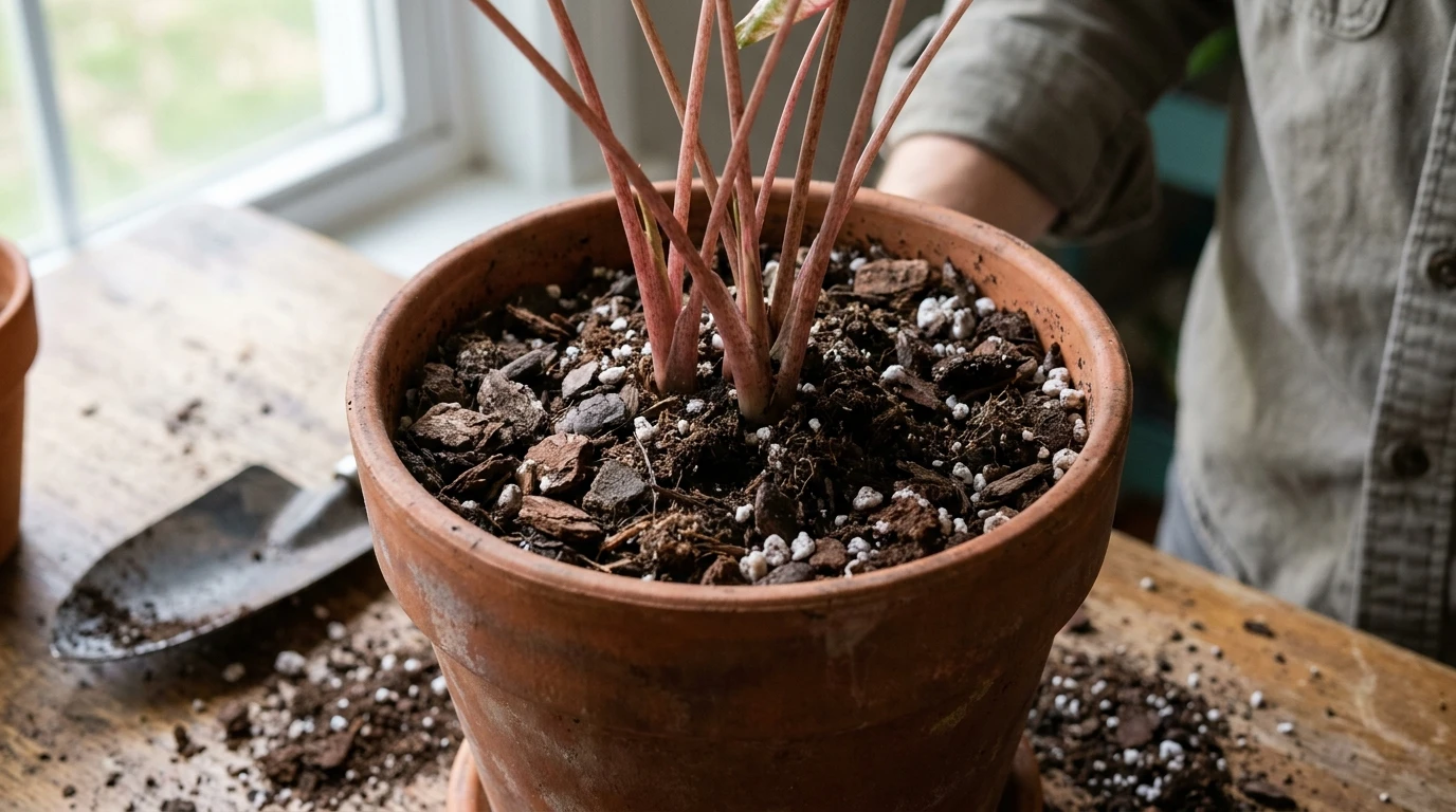 close view of pink caladium stems growing in loose bark rich soil with white perlite in a clay pot