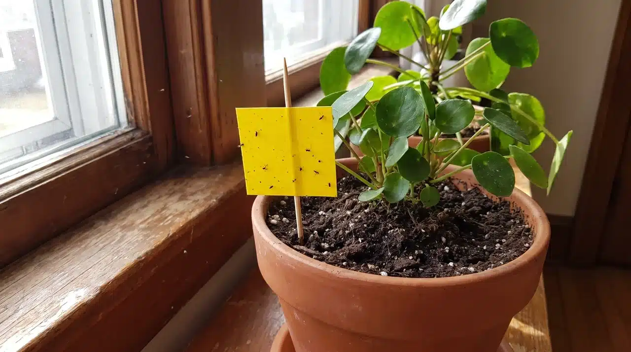 yellow sticky trap covered with tiny gnats placed in soil beside a leafy potted houseplant