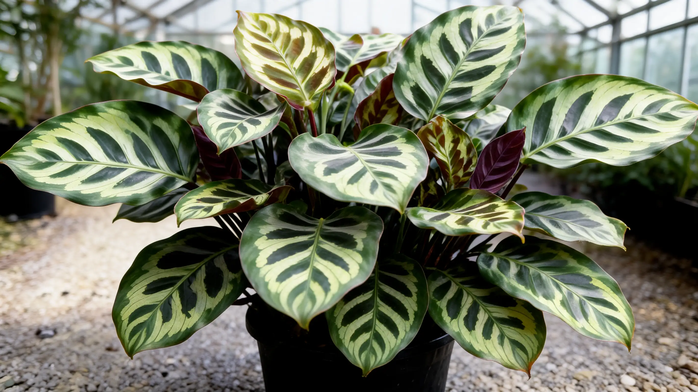 veitch's calathea with broad patterned leaves showing green, yellow-green, and purple tones
