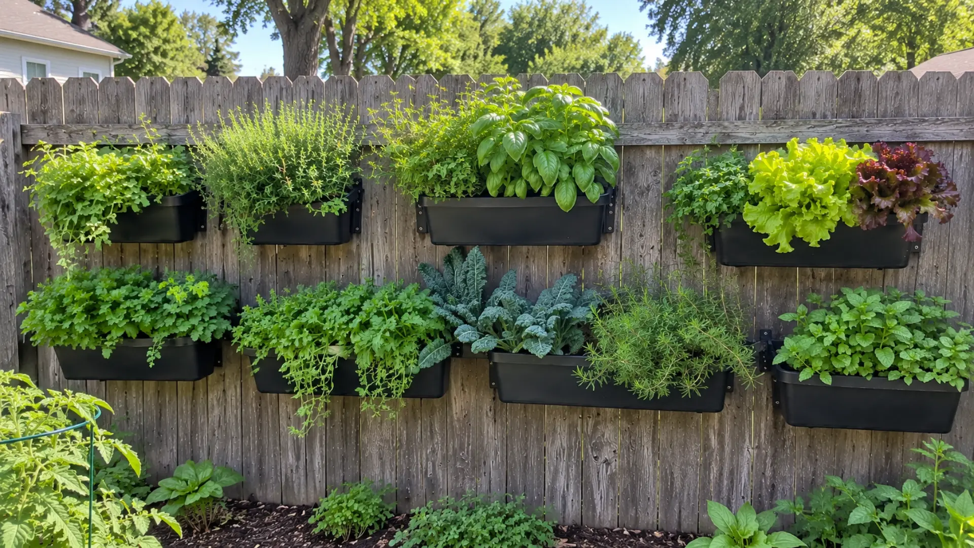 vertical gardening planters filled with herbs lettuce and kale hanging across a wooden backyard fence