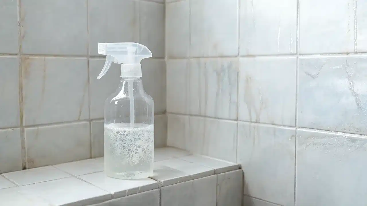 a clear spray bottle with foamy vinegar and dish soap solution sitting on a tiled shower shelf with stained grout lines