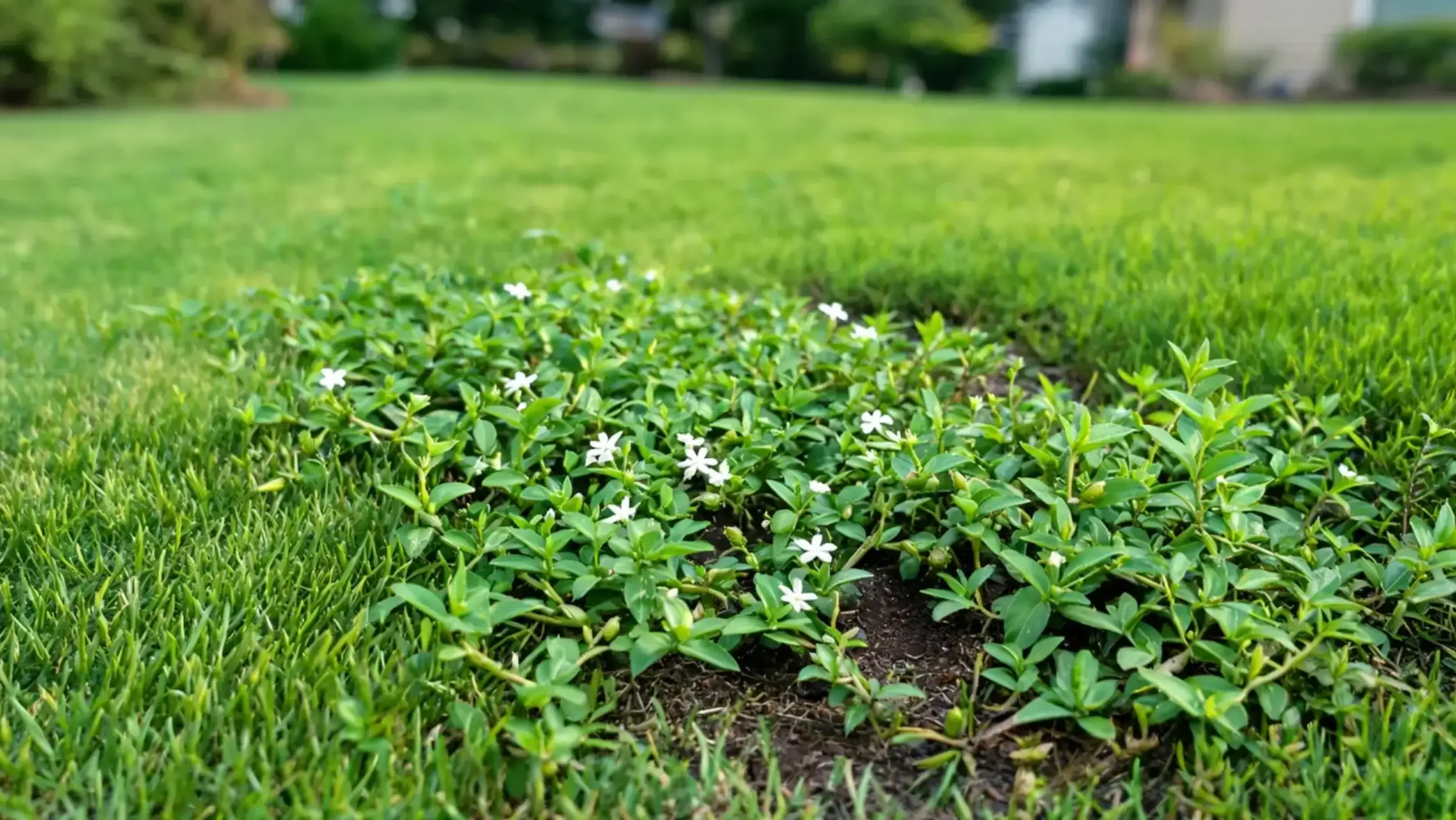 a dense mat of low, spreading growth of virginia buttonweed in a maintained lawn with paired leaves and white flowers