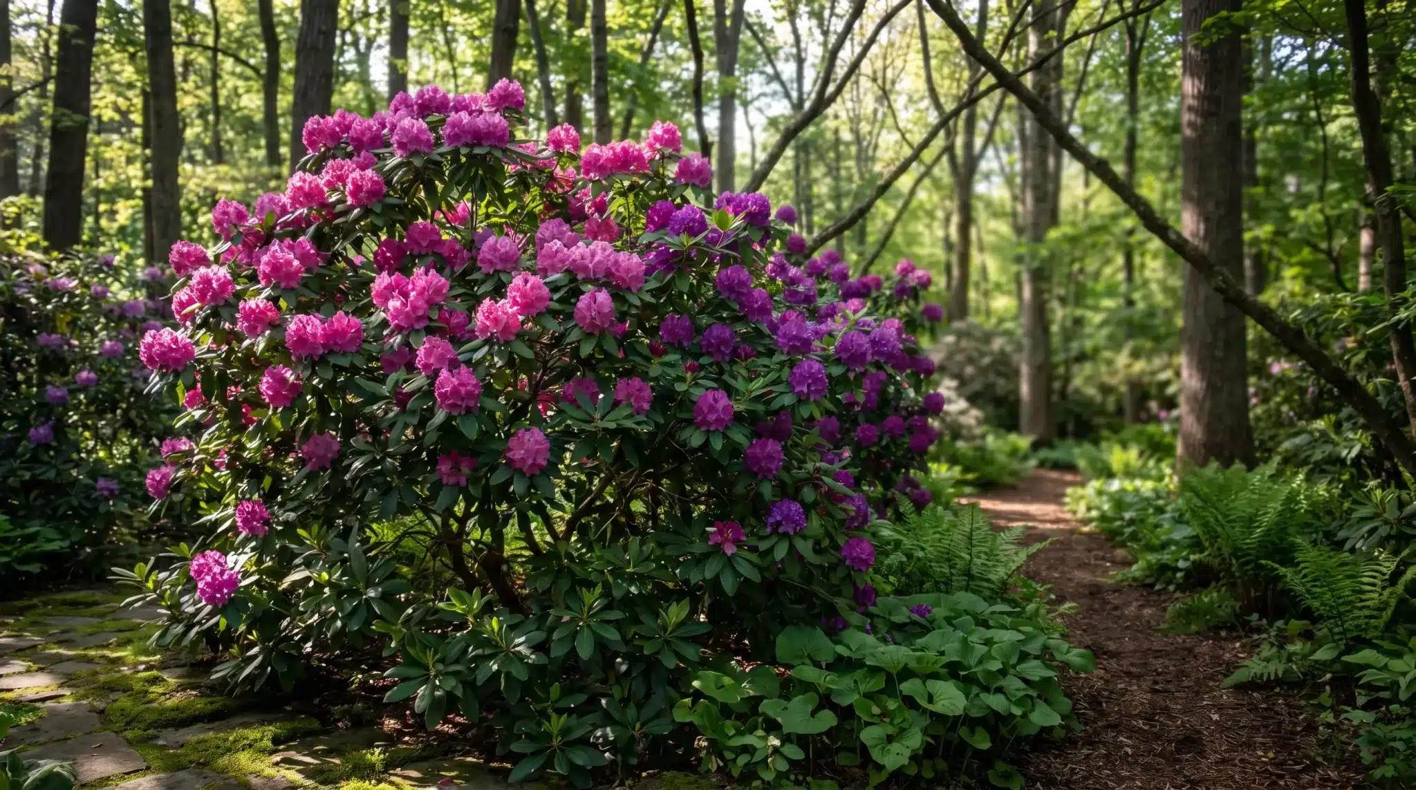 Blooming rhododendron bushes with pink and purple flowers in a sunlit forest setting
