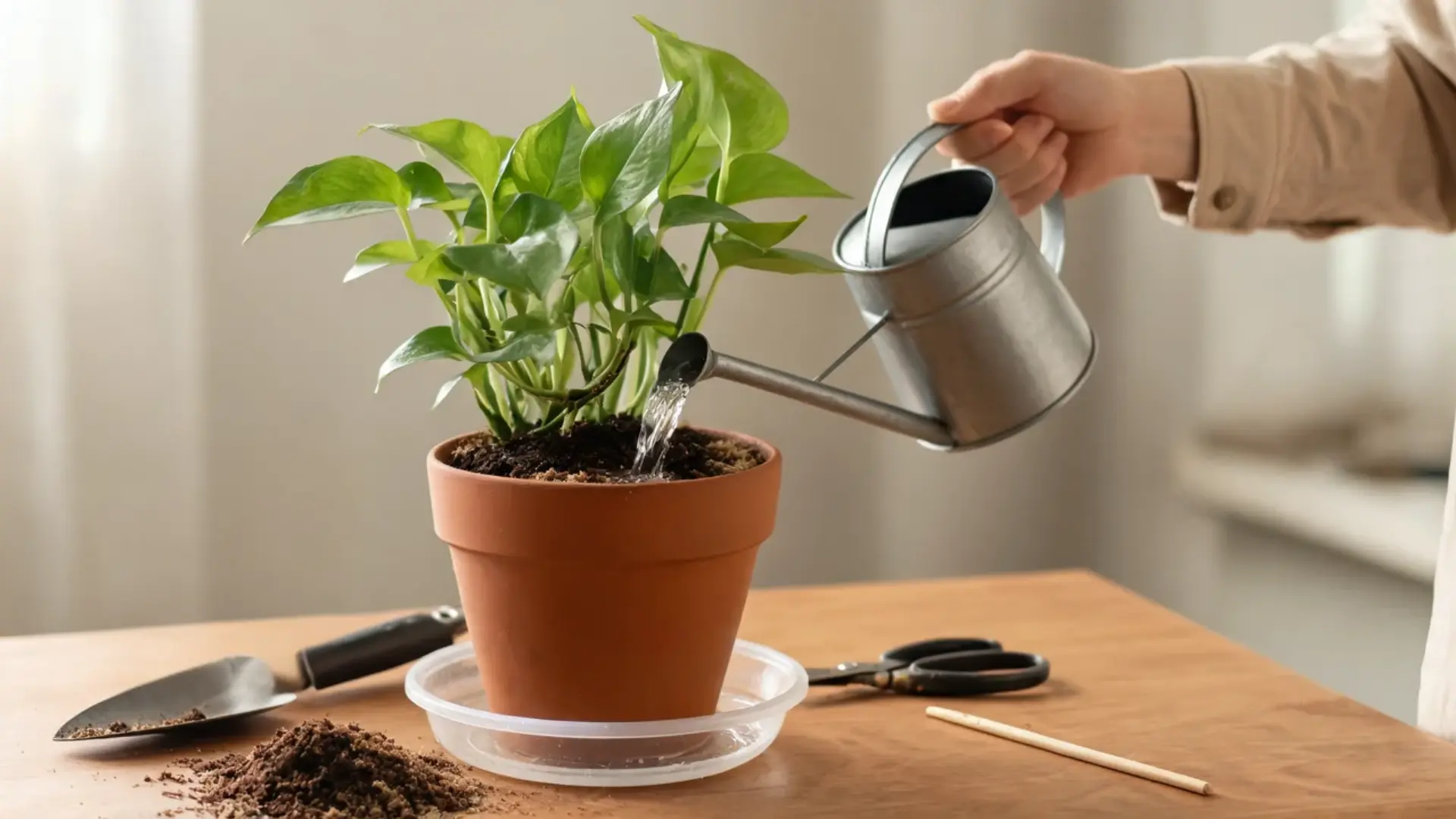 person watering a freshly repotted pothos in a terracotta pot with gardening tools on a wooden table