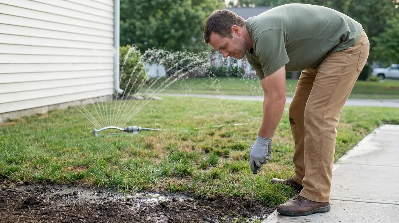 american homeowner checking soil moisture while a sprinkler waters a dry lawn beside a walkway