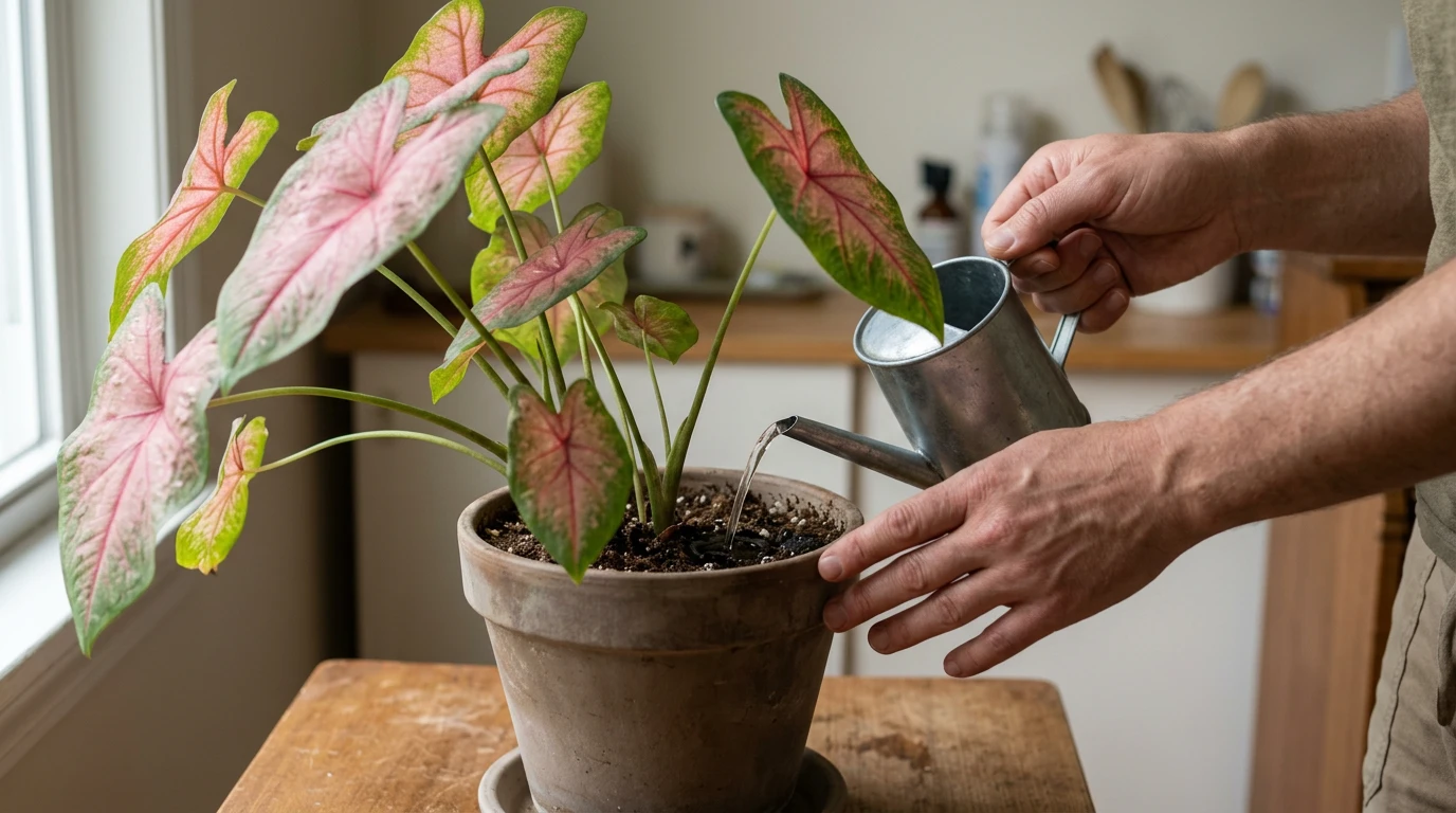 pink and green caladium in a clay pot receiving gentle water at soil level beside a bright window
