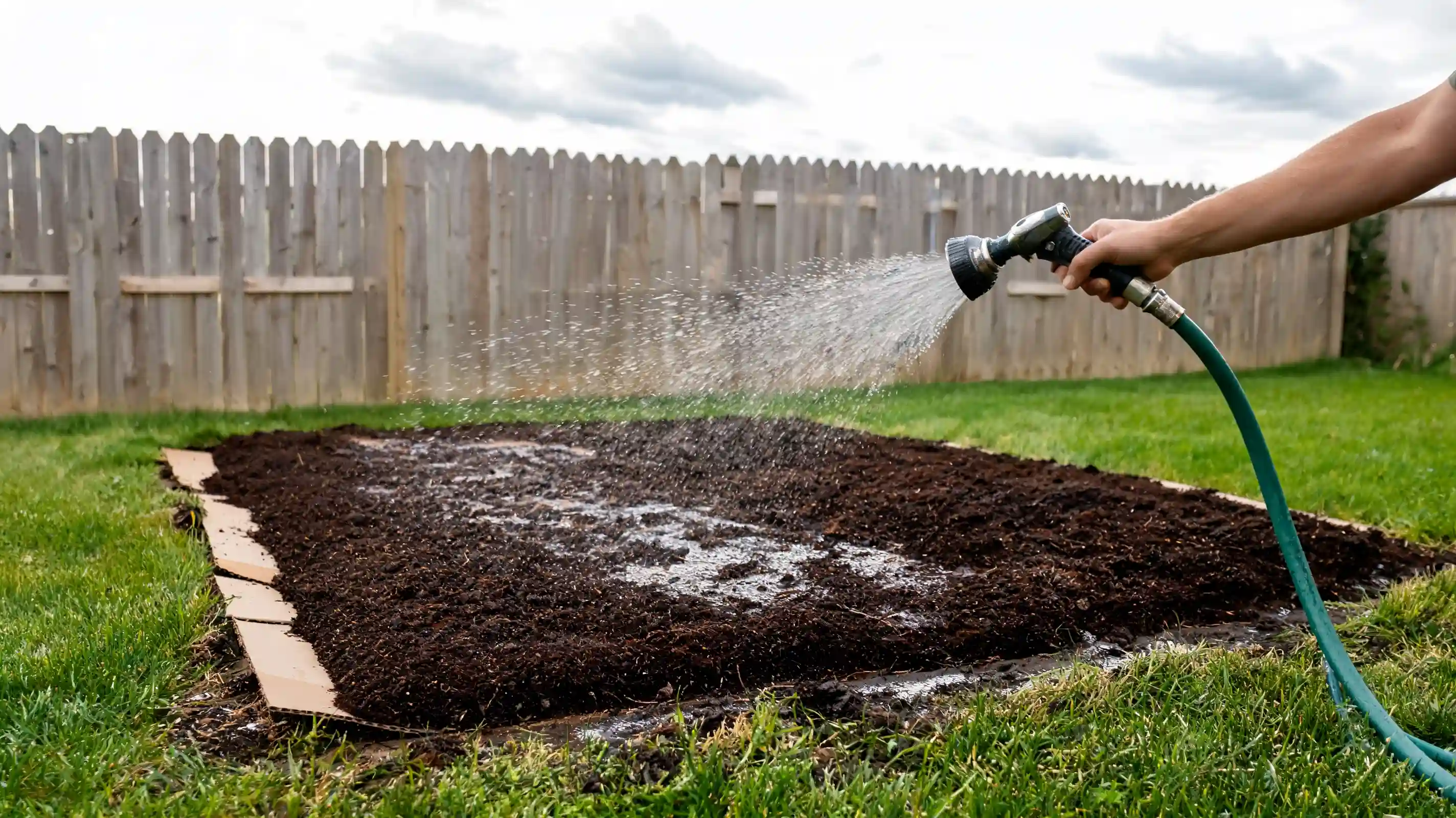 gardener watering a fresh compost layer in a backyard no till garden bed before adding surface mulch