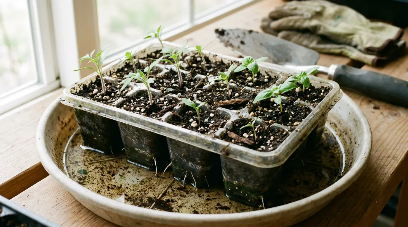 young seedlings in a cell tray bottom watered in a shallow dish near a bright indoor window