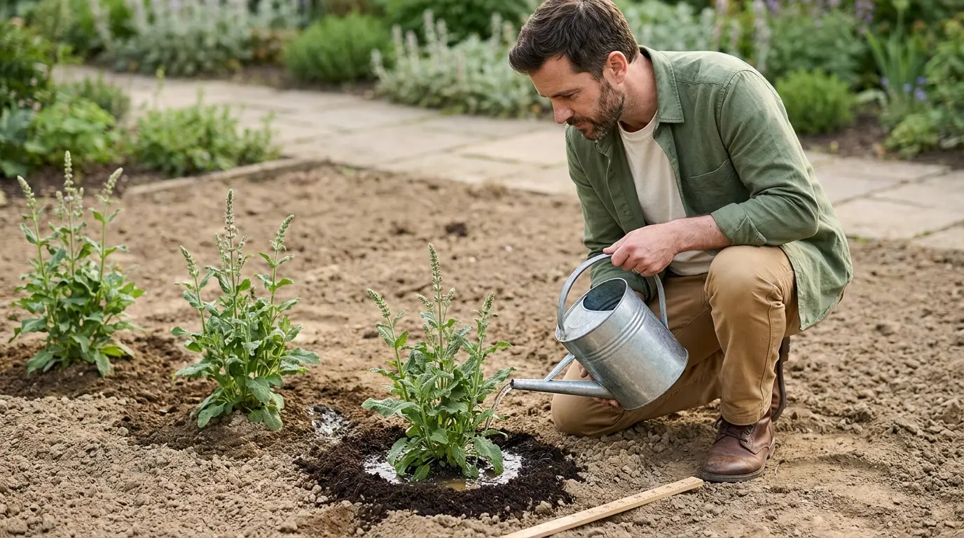 gardener watering newly planted salvia nemorosa with even spacing in a prepared garden bed