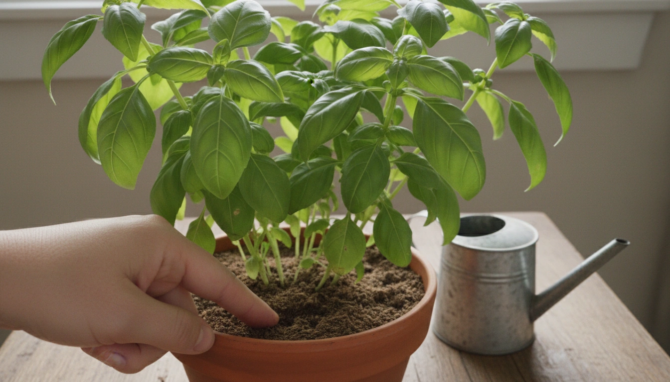hand checking moist potting soil around a healthy basil plant before watering at the base of the pot