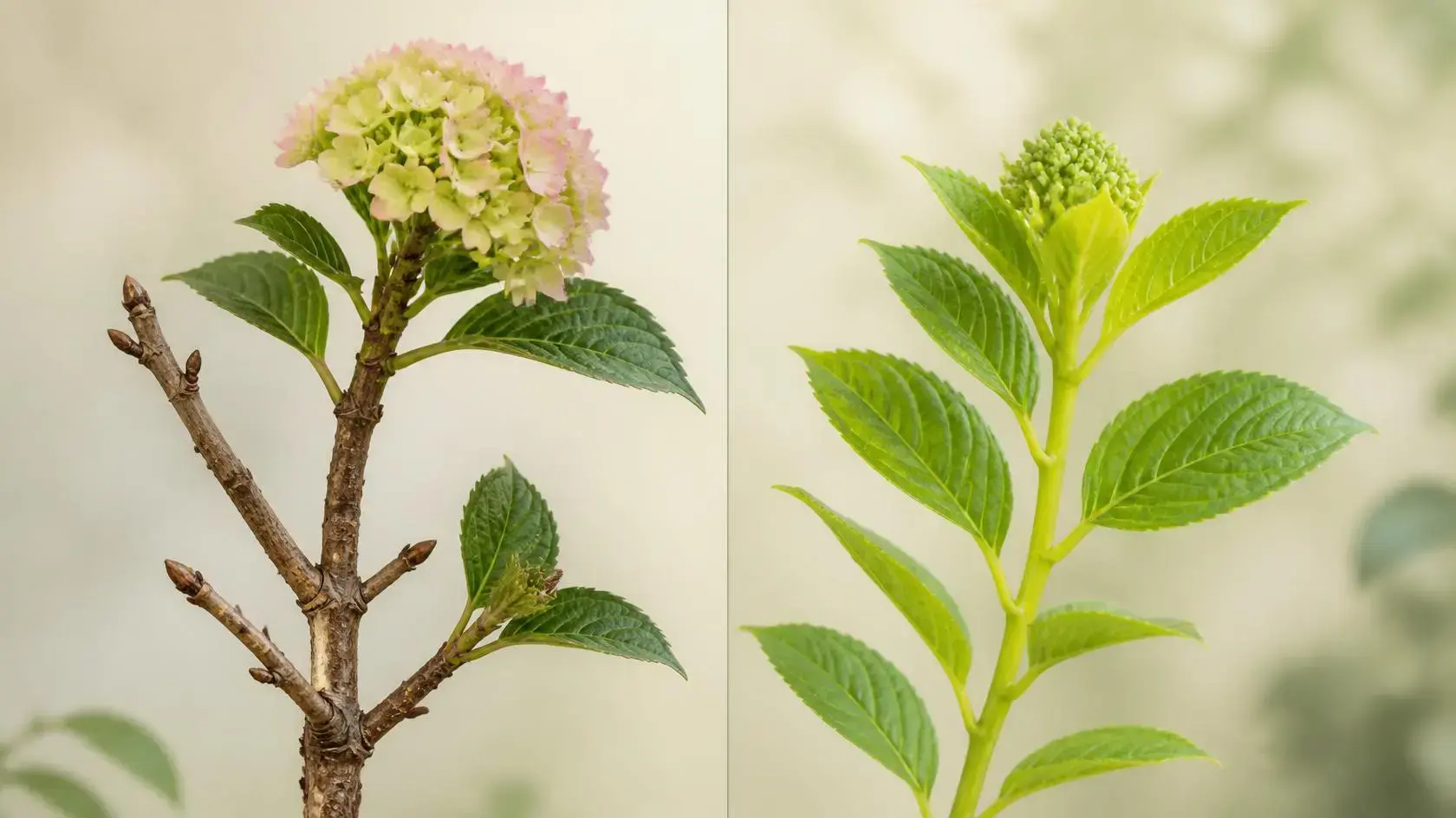 side by side comparison of a woody hydrangea stem with a bloom and a fresh green stem with a new bud