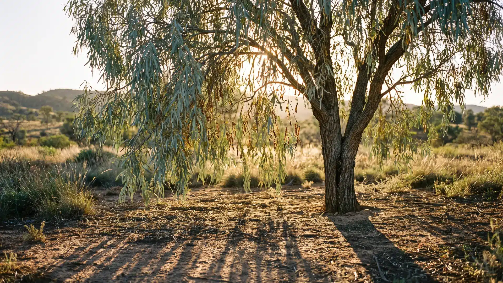 willow acacia tree with soft weeping foliage and cream flowers growing in a sunny arizona landscape